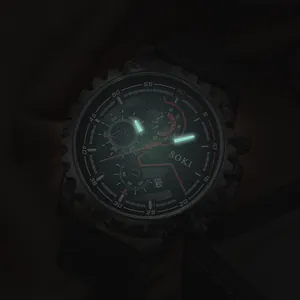 SOKI men's black sports quartz watch with luminous hands and date display in dark