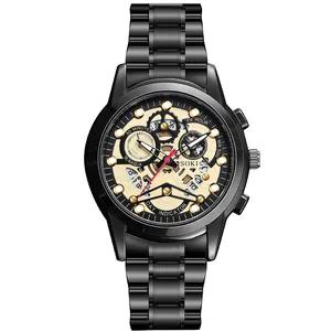 SOKI men's black stainless steel watch with gold skeleton dial and calendar display
