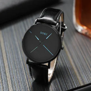 Minimalist SOKI black business watch for men with blue accents and leather strap