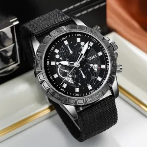 SOKI men's military quartz watch with black nylon strap and round multi-dial face