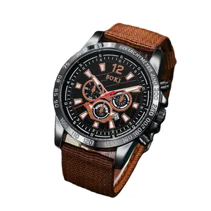 SOKI men's black sports watch with brown nylon strap and tachymeter bezel on white background