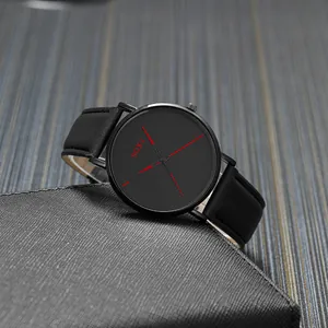 SOKI men's black business sport watch with leather strap and red hands on a textured background