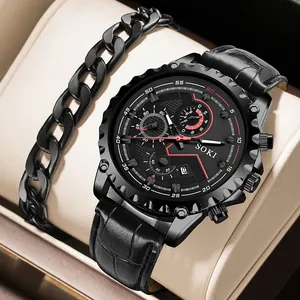 Men Fashion Casual Quartz Watch And Cuban Link Bracelet Set Alligator Texture PU Leather Strap Luminous Hands Date Window Sports Wristwatch
