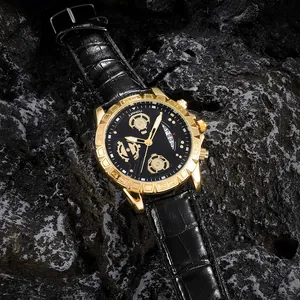 Business-Quarzuhr mit goldenem Edelstahlgehäuse und schwarzem Krokodillederarmband