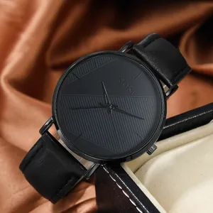 SOKI men's business quartz watch with black dial and leather strap on brown silk