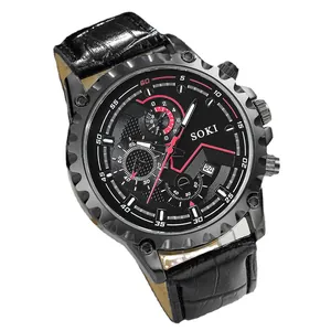 SOKI men's casual sports quartz watch with black leather strap and red dial accents