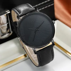 Macro shot of SOKI men's quartz watch with textured black dial and leather strap