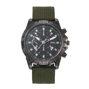 Men's fashion military quartz watch with black alloy case and green canvas strap