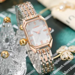 Vintage rectangular quartz watch for women with bicolor steel band and silver glitter dial