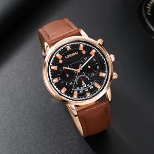 LIANDU Herren Quarzuhr mit Roségold Gehäuse, schwarzem Zifferblatt und braunem Lederarmband