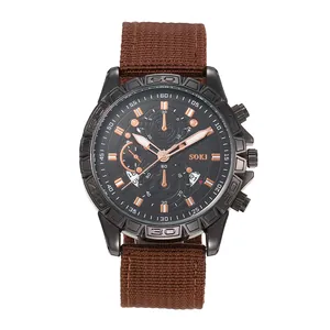 SOKI men's fashion sport watch with black alloy case and brown canvas strap