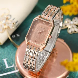 Women's rose gold square watch with star dial and stainless steel metal link strap
