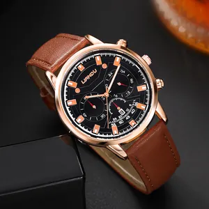 LIANDU Herren Quarzuhr mit Roségoldgehäuse, schwarzem Zifferblatt und Lederarmband