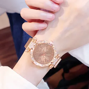 Women Fashion Quartz Watch Rose Gold Stainless Steel Mesh Strap Magnetic Buckle Rhinestone Flower Dial Casual Wristwatch