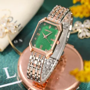 Elegant rectangular women's watch with green glitter dial and two-tone metal steel band