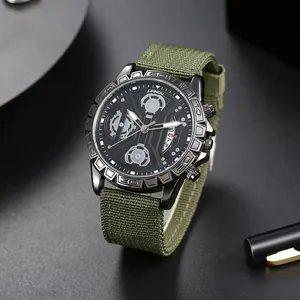 Men's quartz sports watch with black dial, calendar display, and green canvas strap