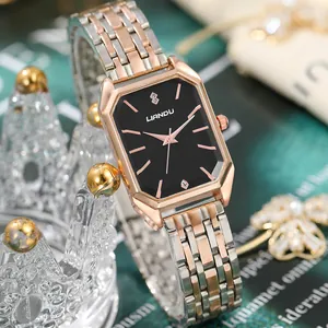 Elegante Damen Quarzuhr mit rechteckigem schwarzem Zifferblatt und bicolor Armband