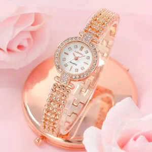 Damen Quarzuhr Elegant Legierung Gehäuse Strass Akzentuiert Rundes Zifferblatt Edelstahl Perlen Gliederarmband Mode Armbanduhr