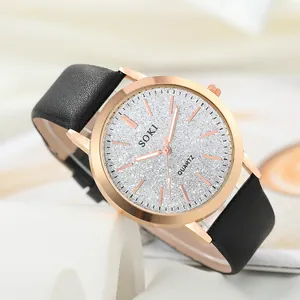 Fashionable women's quartz watch with rose gold case, glitter dial, and black leather strap