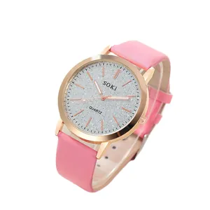 Elegant women's quartz watch with pink leather strap and rose gold glitter dial