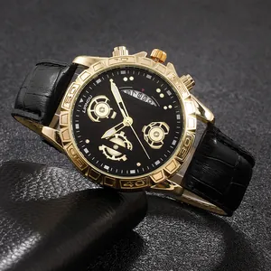 Business-Herren-Quarzuhr mit goldenem Gehäuse, schwarzem Zifferblatt und Lederarmband