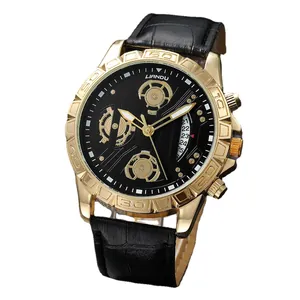 Herren-Quarzuhr mit goldenem Gehäuse und schwarzem Armband in Krokodiloptik