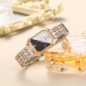 Montre à Quartz de Mode SOKI pour Femmes Cadran Contraste Noir Blanc Boîtier Octogonal Bracelet en Acier Inoxydable Bicolore Élégante