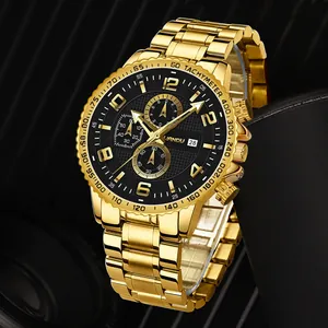 Men Business Quartz Watch Gold Stainless Steel Band Chronograph Style Date Display Tachymeter Fashion Men Wristwatch