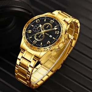 Golden business quartz watch for men with black chronograph dial and stainless steel strap