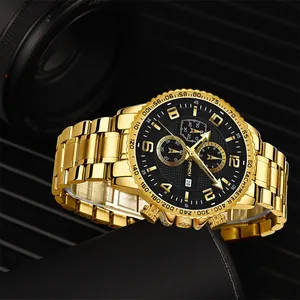 Golden men's quartz chronograph business watch with black dial and tachymeter bezel
