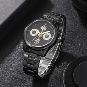 Montre SOKI homme d'affaires en acier inoxydable noir avec index dorés et trois cadrans