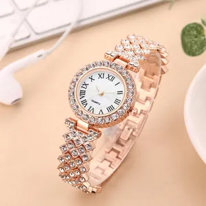 Fashionable rose gold women's quartz watch with crystal embellishments and Roman numerals