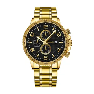 Men's gold stainless steel business watch with black textured dial and chronograph display