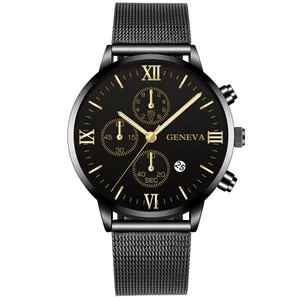 Orologio al quarzo da uomo con cinturino a maglia nera e numeri romani dorati