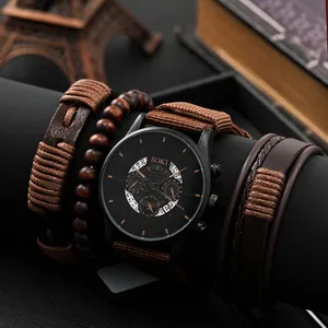 SOKI Conjunto de Reloj de Cuarzo y Pulseras Retro para Hombre Caja de Aleación Correa de Lona Reloj de Pulsera Analógico Pulseras de Cuero Trenzado y Cuentas Joyería Hombre