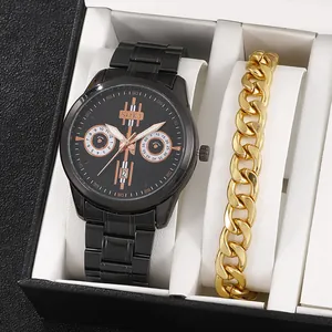 Coffret SOKI montre quartz noire pour homme avec bracelet gourmette dorée