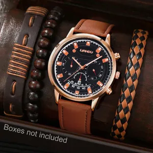 Men's quartz watch set with brown leather strap and three matching beaded bracelets