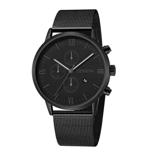 Orologio al quarzo nero da uomo con cinturino a maglia e quadrante cronografo raffinato