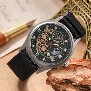 SOKI men's fashion sports watch with steampunk gear dial and black canvas strap