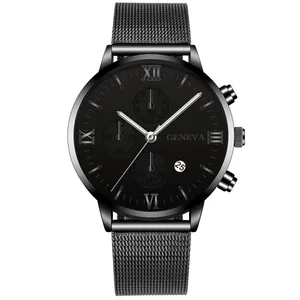 Orologio Geneva nero da uomo con cinturino in maglia metallica e numeri romani