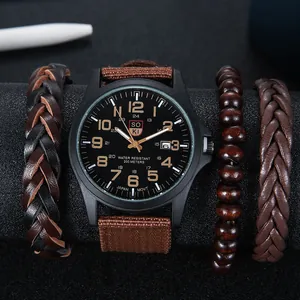 Militär-Quarzuhr mit Nylonarmband und Set aus geflochtenen Lederarmbändern für Herren