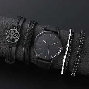 Minimalist black quartz watch set with four textured leather and beaded bracelets for men