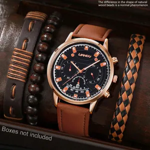Men's quartz watch with leather strap and three bracelets set in a luxury display case