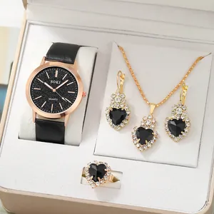 Set de regalo de 5 piezas con reloj de cuarzo negro brillante y joyas de corazón