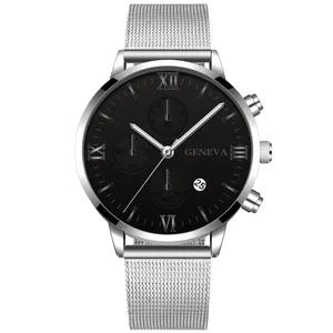 Dettaglio orologio Geneva uomo con quadrante nero, cinturino mesh e datario elegante