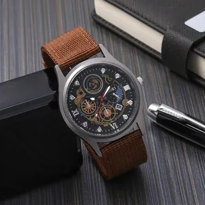 SOKI men's casual sports watch with brown canvas strap and black mechanical style dial