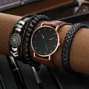 Men's minimalist quartz watch set with brown leather strap and three woven bracelets