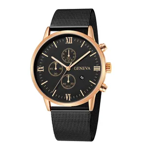 Dettagli dell'orologio Geneva da uomo con cassa in oro rosa e cinturino in maglia d'acciaio