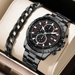 Men Business Casual Quartz Watch And Bracelet Set Stainless Steel Band Analog Display Calendar Multi Dial Sporty Wristwatch Gift
