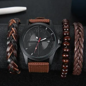 SOKI Men's Quartz Watch with Black Dial Canvas Strap and Set of 3 Braided Leather Bracelets